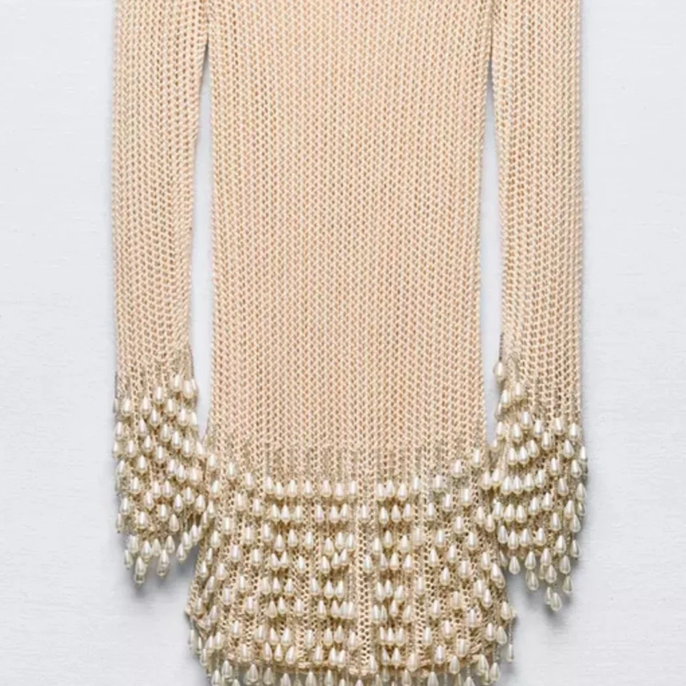 Zara Beige Knit Mini Dress with Pearl Drop Embellishments - Picture 2 of 2
